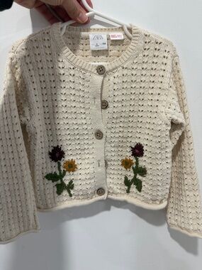 Zara Cream Knit Cardigan with Floral Embroidery